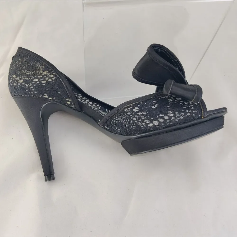 Steve madden Vale Sz 6 Giant Bow Black Lace D'Orsay Platform Stiletto Peep Heels